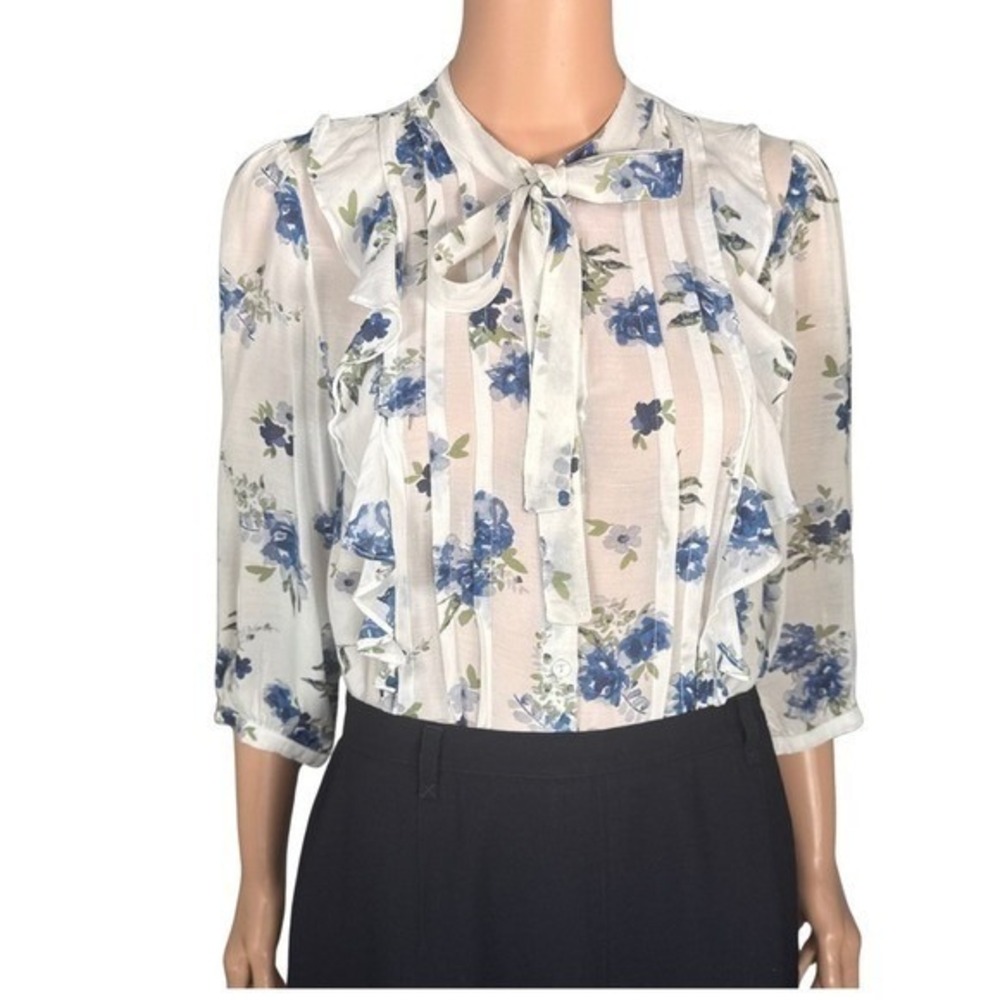 Monsoon Womens Blue Floral Tie Neck Ruffle Blouse Sheer Viscose Top Size US 4